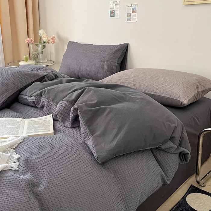 91家纺网 家纺一手货源 找家纺 雅居纺 2023新款全棉华夫格四件套 华夫格深灰