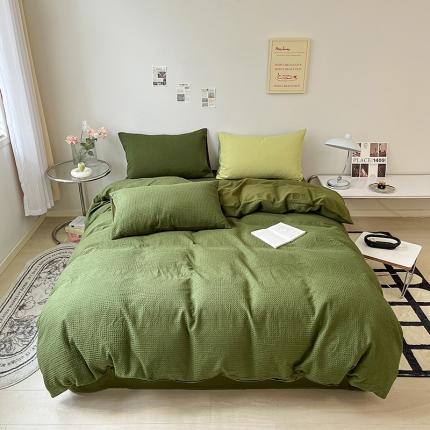 雅居纺 2023新款全棉华夫格四件套 华夫格深绿