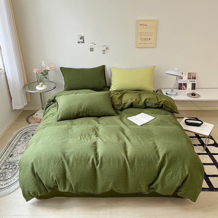 91家纺网 家纺一手货源 找家纺 雅居纺 2023新款全棉华夫格四件套 华夫格深绿