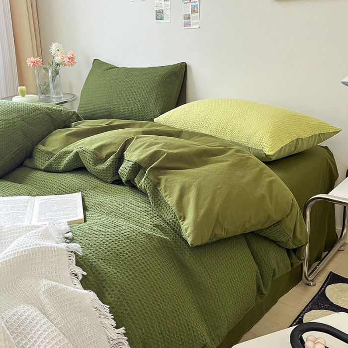 91家纺网 家纺一手货源 找家纺 雅居纺 2023新款全棉华夫格四件套 华夫格深绿