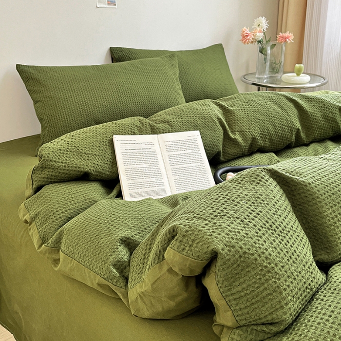 91家纺网 家纺一手货源 找家纺 雅居纺 2023新款全棉华夫格四件套 华夫格深绿