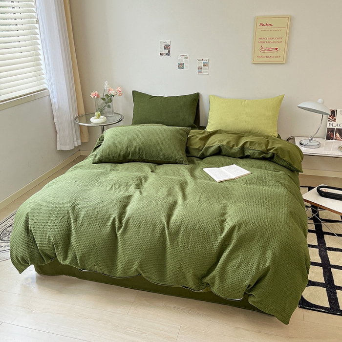 91家纺网 家纺一手货源 找家纺 雅居纺 2023新款全棉华夫格四件套 华夫格深绿