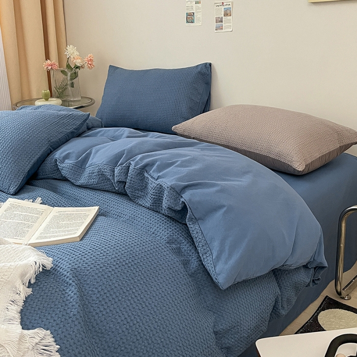 91家纺网 家纺一手货源 找家纺 雅居纺 2023新款全棉华夫格四件套 华夫格雾蓝