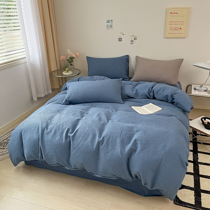 91家纺网 家纺一手货源 找家纺 雅居纺 2023新款全棉华夫格四件套 华夫格雾蓝