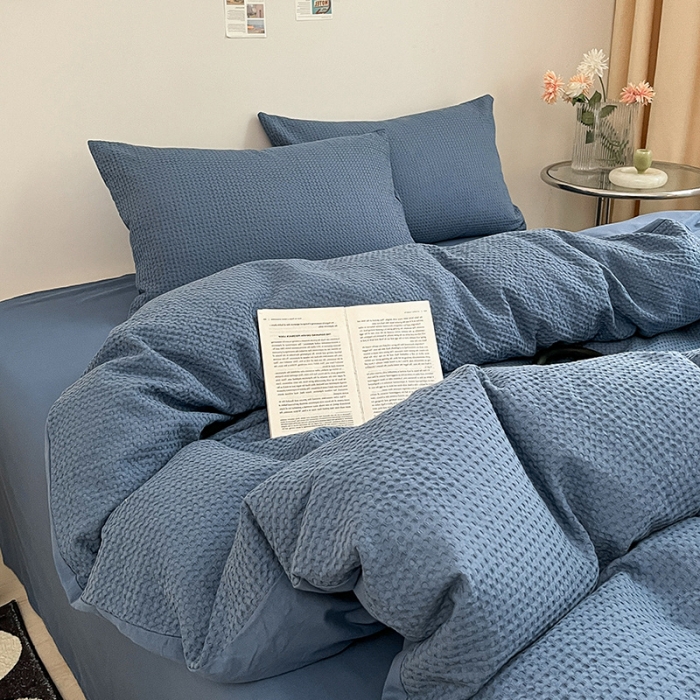 91家纺网 家纺一手货源 找家纺 雅居纺 2023新款全棉华夫格四件套 华夫格雾蓝