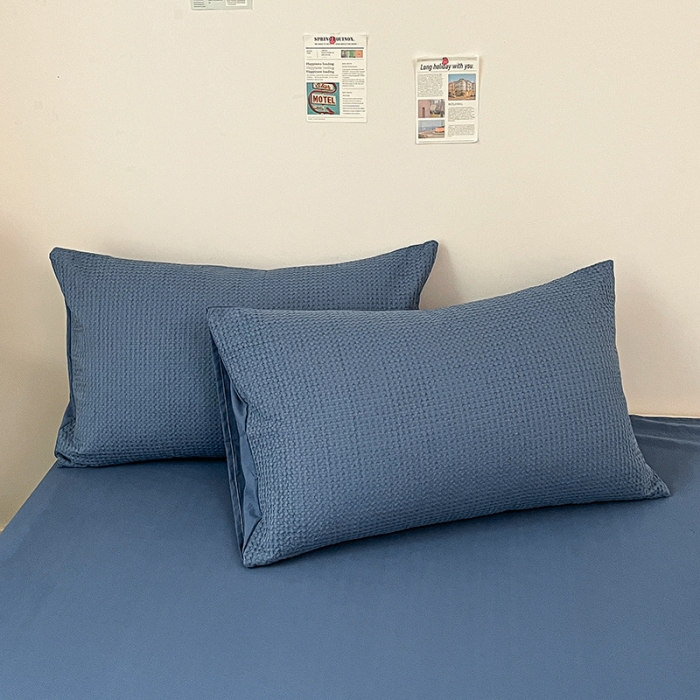 91家纺网 家纺一手货源 找家纺 雅居纺 2023新款全棉华夫格四件套 华夫格雾蓝