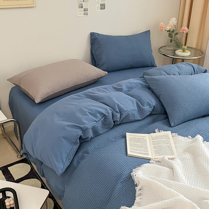 91家纺网 家纺一手货源 找家纺 雅居纺 2023新款全棉华夫格四件套 华夫格雾蓝