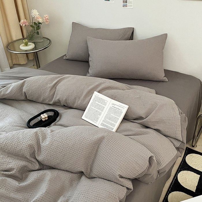 91家纺网 家纺一手货源 找家纺 雅居纺 2023新款全棉华夫格四件套 华夫格月灰