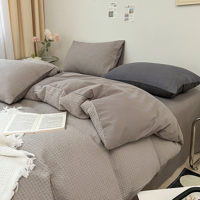 91家纺网 家纺一手货源 找家纺 雅居纺 2023新款全棉华夫格四件套 华夫格月灰