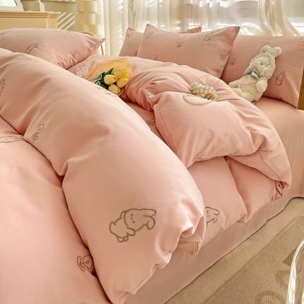 91家纺网 家纺一手货源 找家纺 N先生 2024新款亲肤水洗棉刺绣四件套-小花兔 小花兔-粉