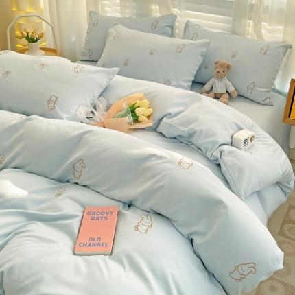 91家纺网 家纺一手货源 找家纺 N先生 2024新款亲肤水洗棉刺绣四件套-小花兔 小花兔-蓝