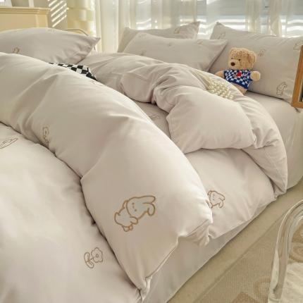 91家纺网 家纺一手货源 找家纺 N先生 2024新款亲肤水洗棉刺绣四件套-小花兔 小花兔-银灰