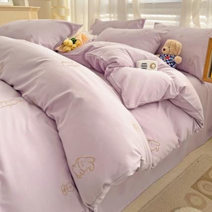 91家纺网 家纺一手货源 找家纺 N先生 2024新款亲肤水洗棉刺绣四件套-小花兔 小花兔-紫