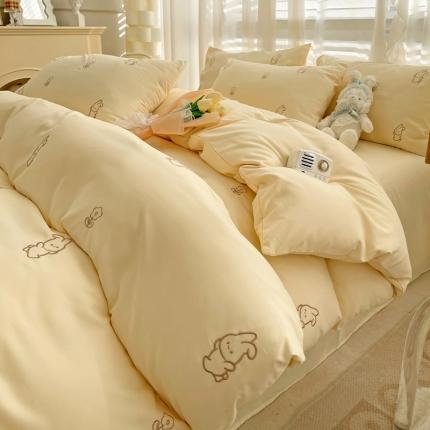 N先生 2024新款亲肤水洗棉刺绣四件套-小花兔 小花兔-奶黄