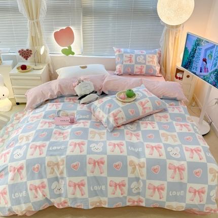 91家纺网 家纺一手货源 找家纺 昔可 2023新款全棉少女心系列四件套 蝴蝶结小兔