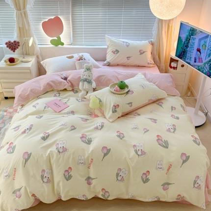 91家纺网 家纺一手货源 找家纺 昔可 2023新款全棉少女心系列四件套 软萌兔兔郁金