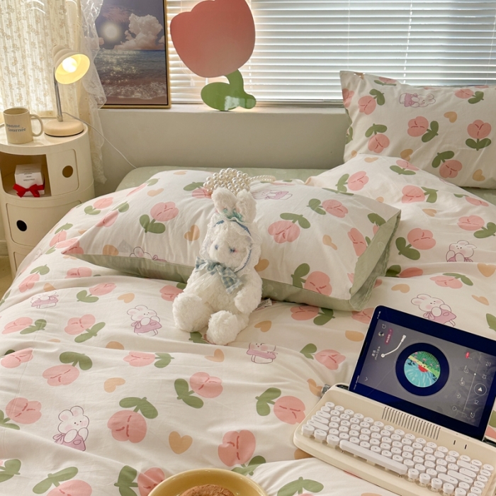 91家纺网 家纺一手货源 找家纺 昔可 2023新款全棉少女心系列四件套 爱心粉郁金安妮