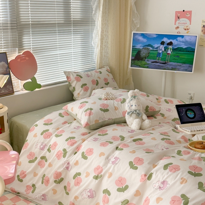 91家纺网 家纺一手货源 找家纺 昔可 2023新款全棉少女心系列四件套 爱心粉郁金安妮