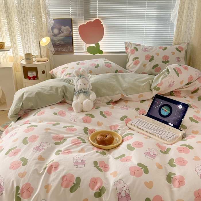 91家纺网 家纺一手货源 找家纺 昔可 2023新款全棉少女心系列四件套 爱心粉郁金安妮