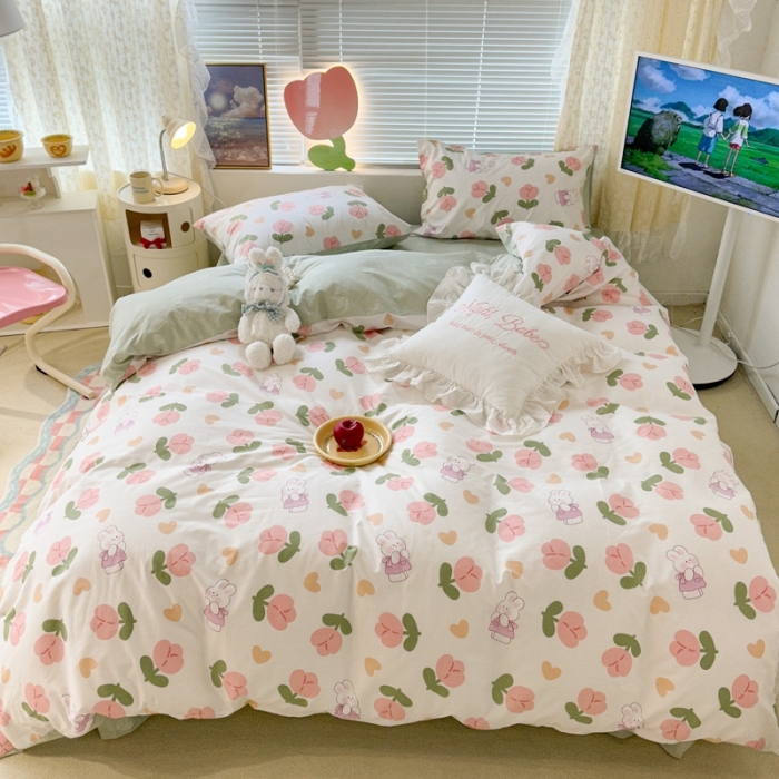 91家纺网 家纺一手货源 找家纺 昔可 2023新款全棉少女心系列四件套 爱心粉郁金安妮