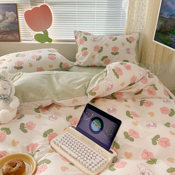 91家纺网 家纺一手货源 找家纺 昔可 2023新款全棉少女心系列四件套 爱心粉郁金安妮