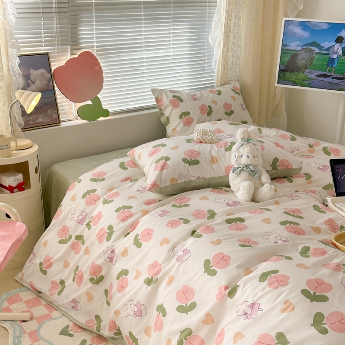 91家纺网 家纺一手货源 找家纺 昔可 2023新款全棉少女心系列四件套 爱心粉郁金安妮