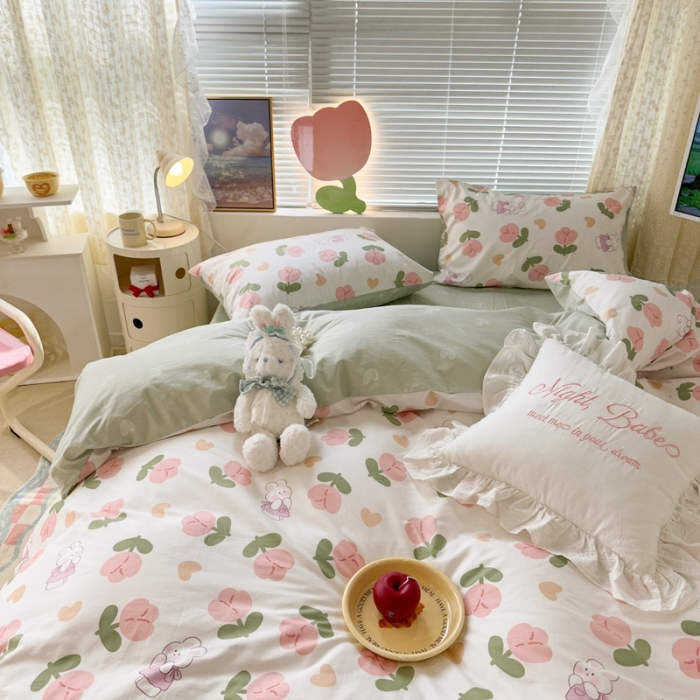 91家纺网 家纺一手货源 找家纺 昔可 2023新款全棉少女心系列四件套 爱心粉郁金安妮