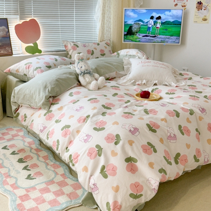 91家纺网 家纺一手货源 找家纺 昔可 2023新款全棉少女心系列四件套 爱心粉郁金安妮