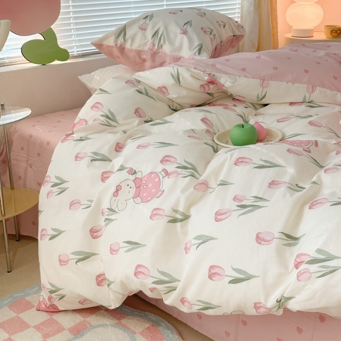 91家纺网 家纺一手货源 找家纺 昔可 2023新款全棉少女心系列四件套 春日花园兔