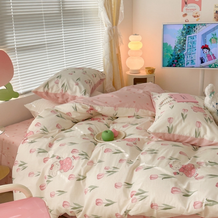 91家纺网 家纺一手货源 找家纺 昔可 2023新款全棉少女心系列四件套 春日花园兔