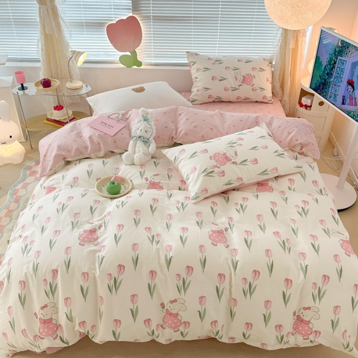 91家纺网 家纺一手货源 找家纺 昔可 2023新款全棉少女心系列四件套 春日花园兔