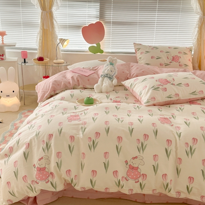 91家纺网 家纺一手货源 找家纺 昔可 2023新款全棉少女心系列四件套 春日花园兔