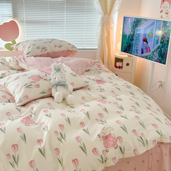 91家纺网 家纺一手货源 找家纺 昔可 2023新款全棉少女心系列四件套 春日花园兔