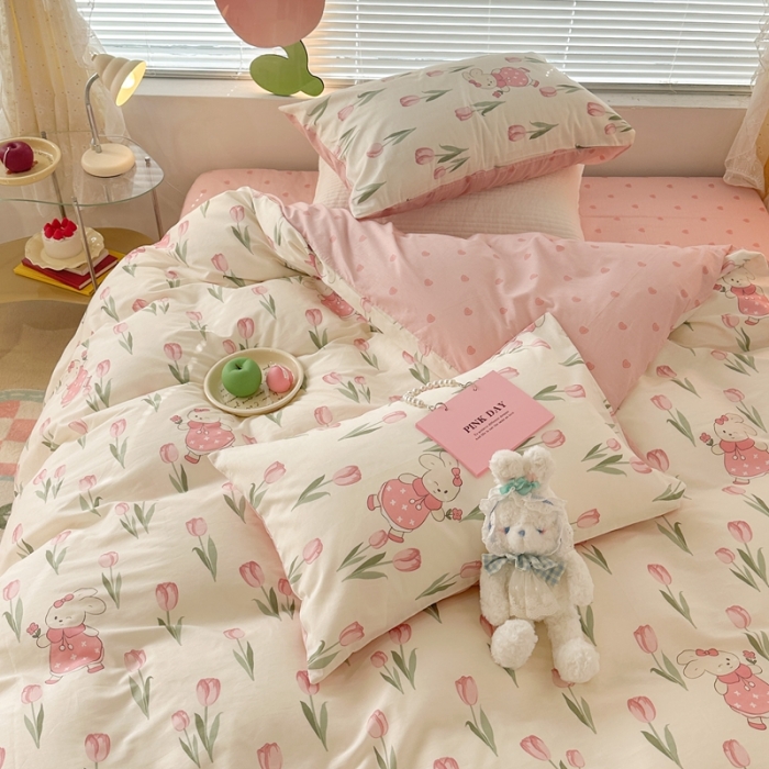 91家纺网 家纺一手货源 找家纺 昔可 2023新款全棉少女心系列四件套 春日花园兔