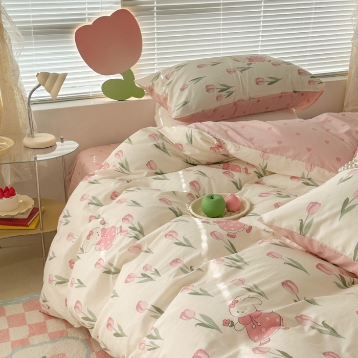 91家纺网 家纺一手货源 找家纺 昔可 2023新款全棉少女心系列四件套 春日花园兔