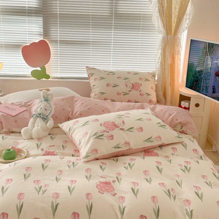 91家纺网 家纺一手货源 找家纺 昔可 2023新款全棉少女心系列四件套 春日花园兔