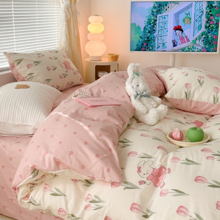 91家纺网 家纺一手货源 找家纺 昔可 2023新款全棉少女心系列四件套 春日花园兔