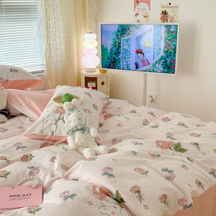 91家纺网 家纺一手货源 找家纺 昔可 2023新款全棉少女心系列四件套 粉玫瑰兔