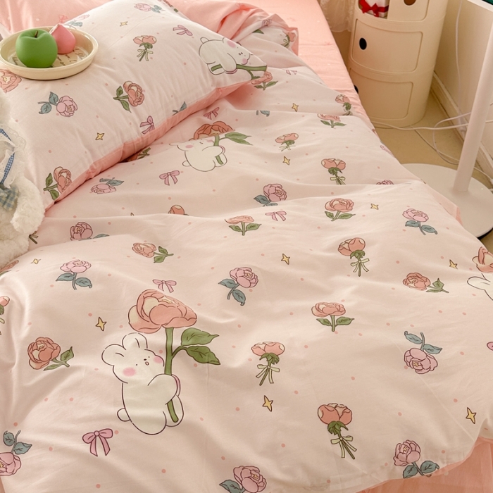 91家纺网 家纺一手货源 找家纺 昔可 2023新款全棉少女心系列四件套 粉玫瑰兔