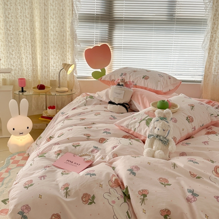 91家纺网 家纺一手货源 找家纺 昔可 2023新款全棉少女心系列四件套 粉玫瑰兔