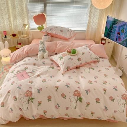 昔可 2023新款全棉少女心系列四件套 粉玫瑰兔