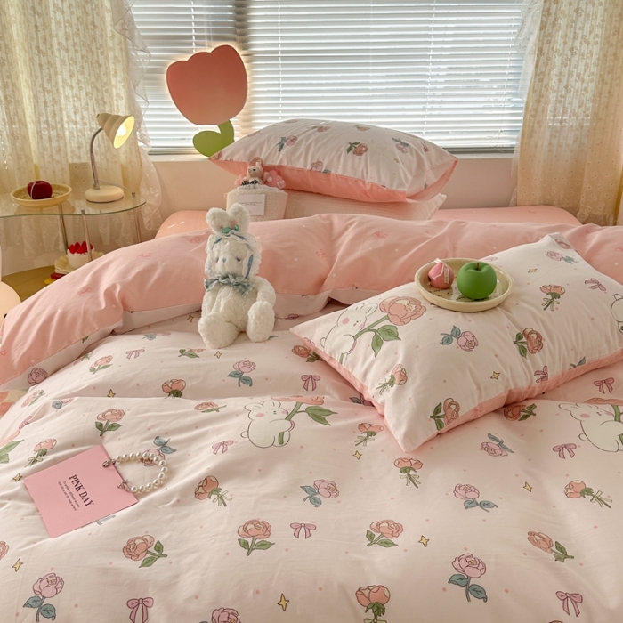 91家纺网 家纺一手货源 找家纺 昔可 2023新款全棉少女心系列四件套 粉玫瑰兔