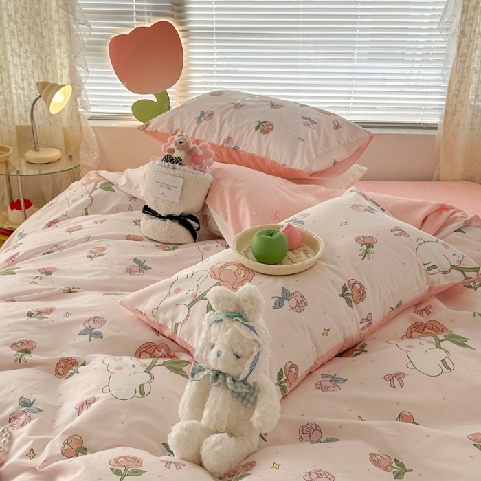 91家纺网 家纺一手货源 找家纺 昔可 2023新款全棉少女心系列四件套 粉玫瑰兔