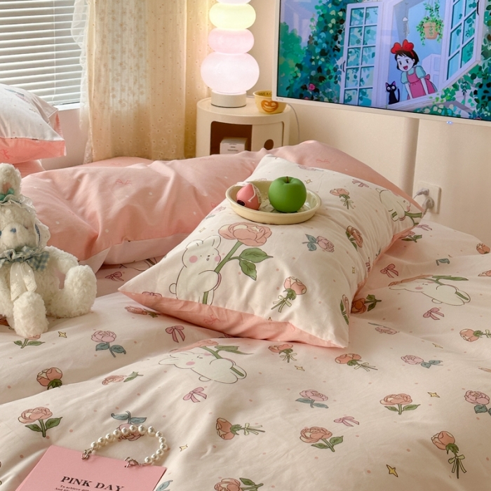 91家纺网 家纺一手货源 找家纺 昔可 2023新款全棉少女心系列四件套 粉玫瑰兔