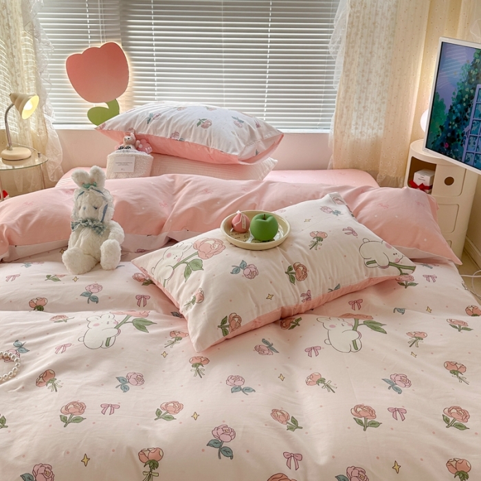 91家纺网 家纺一手货源 找家纺 昔可 2023新款全棉少女心系列四件套 粉玫瑰兔