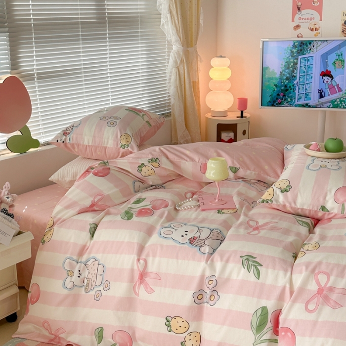 91家纺网 家纺一手货源 找家纺 昔可 2023新款全棉少女心系列四件套 粉条樱桃兔