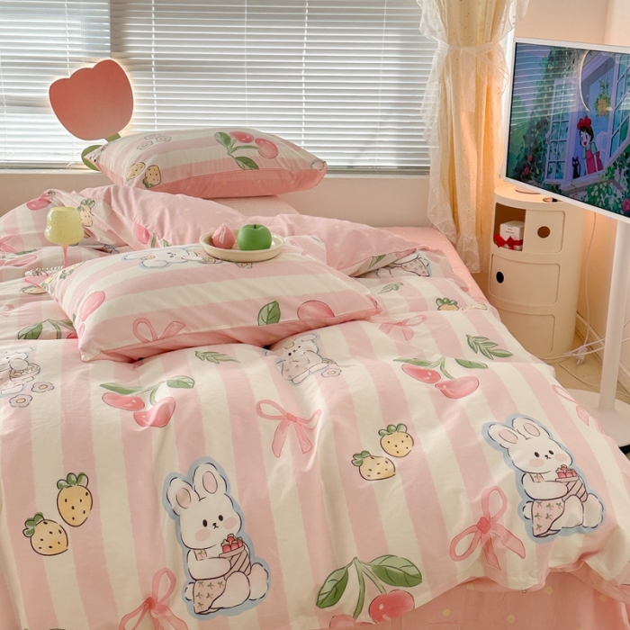 91家纺网 家纺一手货源 找家纺 昔可 2023新款全棉少女心系列四件套 粉条樱桃兔