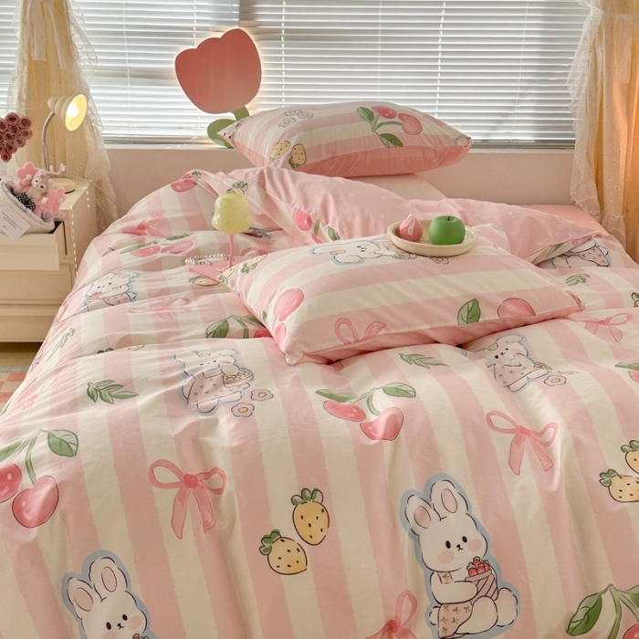 91家纺网 家纺一手货源 找家纺 昔可 2023新款全棉少女心系列四件套 粉条樱桃兔