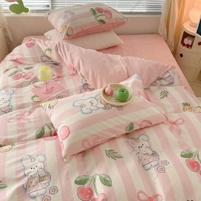 91家纺网 家纺一手货源 找家纺 昔可 2023新款全棉少女心系列四件套 粉条樱桃兔