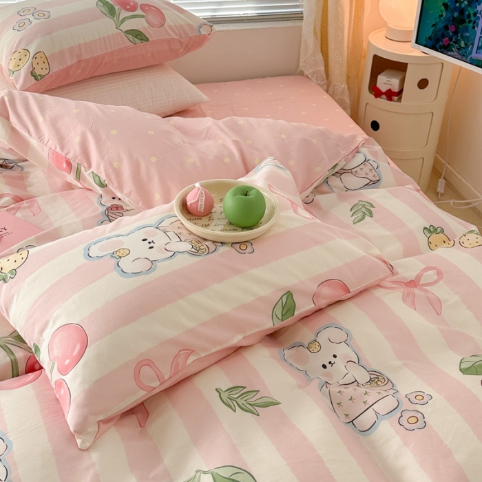 91家纺网 家纺一手货源 找家纺 昔可 2023新款全棉少女心系列四件套 粉条樱桃兔